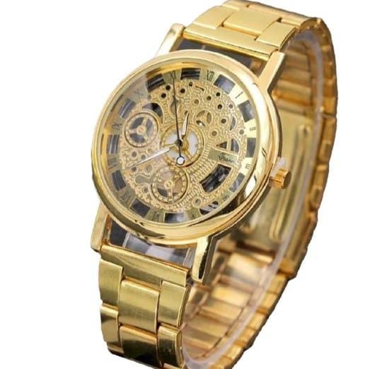 Golden New Look Luxury Analog Skeleton Quartz Stainless Steel Watch For Men & Boys (without Box )